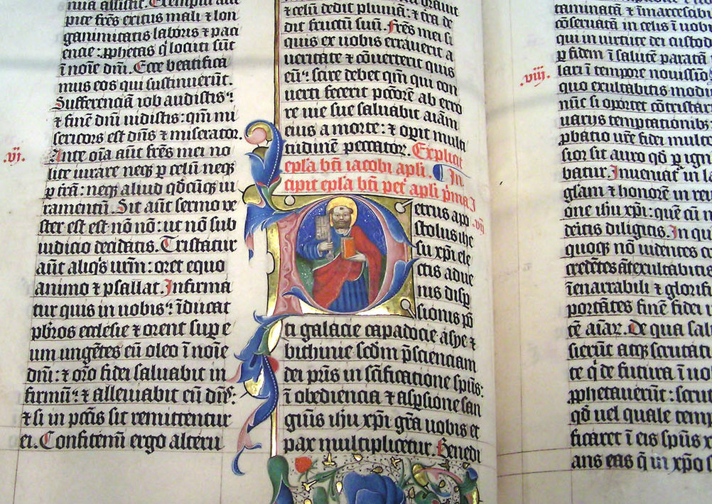 Illuminated lettering in a Latin Bible of 1407AD on display in Malmesbury Abbey