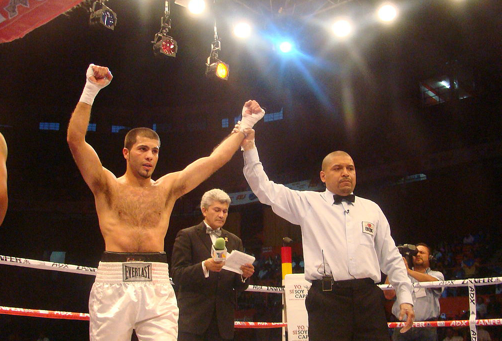 Italian boxer Floriano Pagliara celebrates a victory in Messico