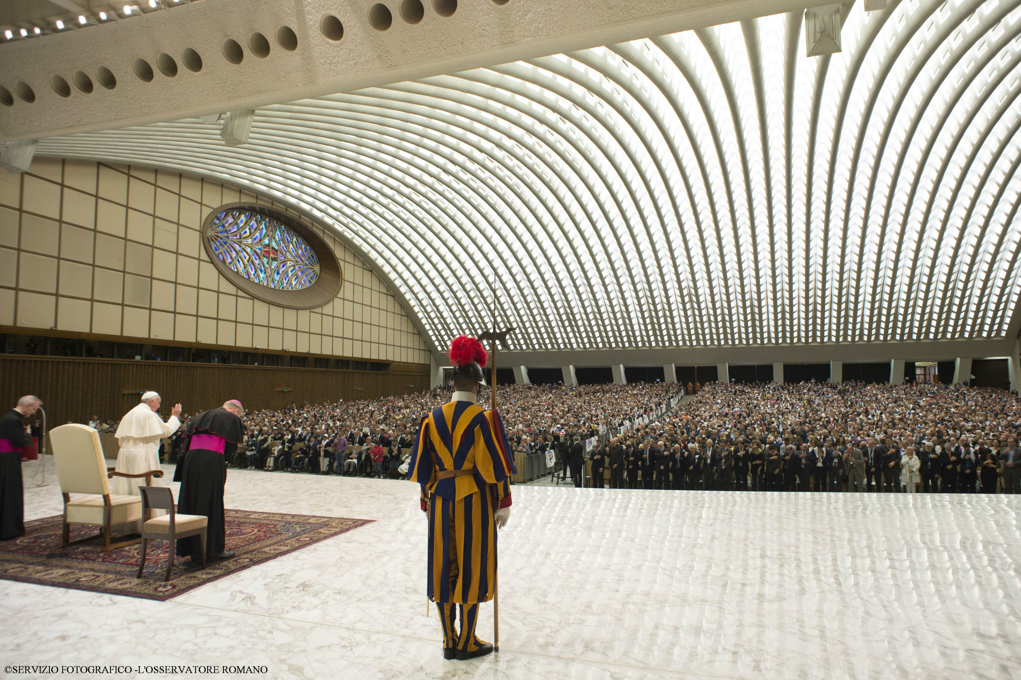 Pope Francis speaks during an audience to Italian Christian Workers Associations (ACLI) in the Paul VI Audience Hall