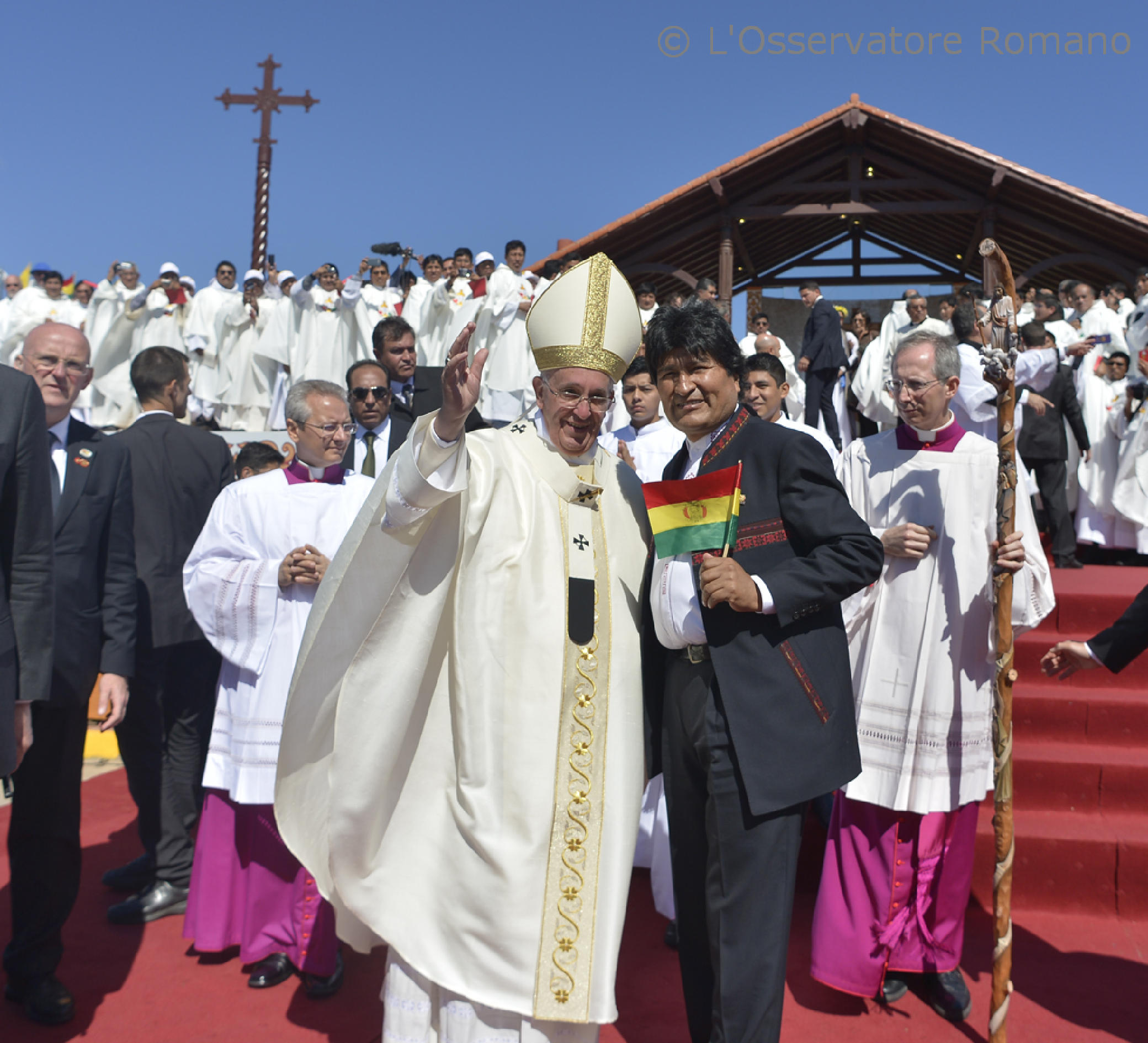 Pope Francis and President Evo Morales at he Mass celebrated in Santa Cruz de la Sierra