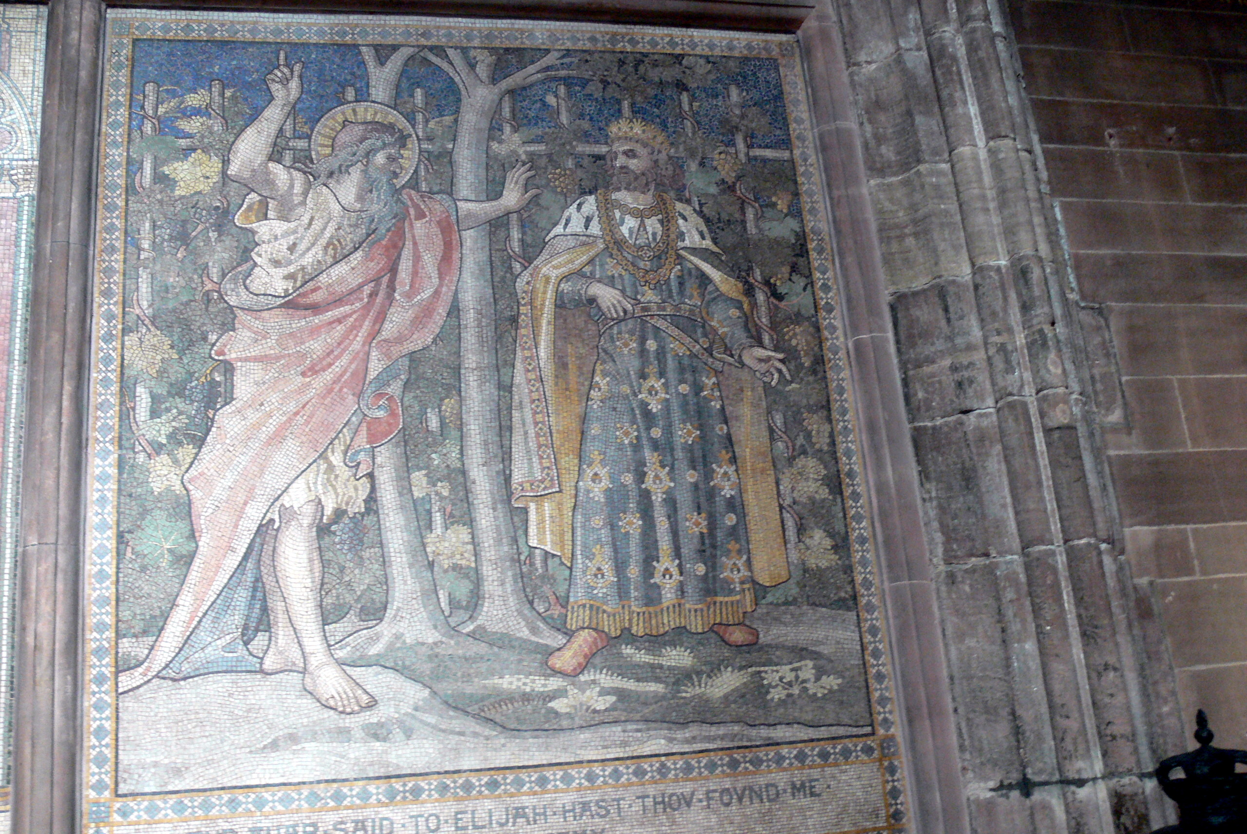 Chester (England). Cathedral: Northern aisle - Mosaics (1883) showing Elijah and king Ahab