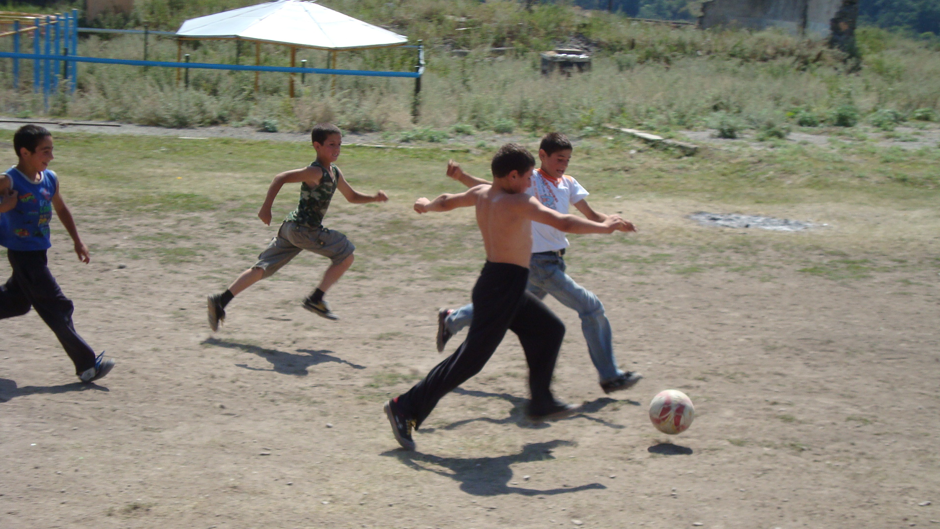 Children playing football near school in Kalbajar (Azerbaijan)