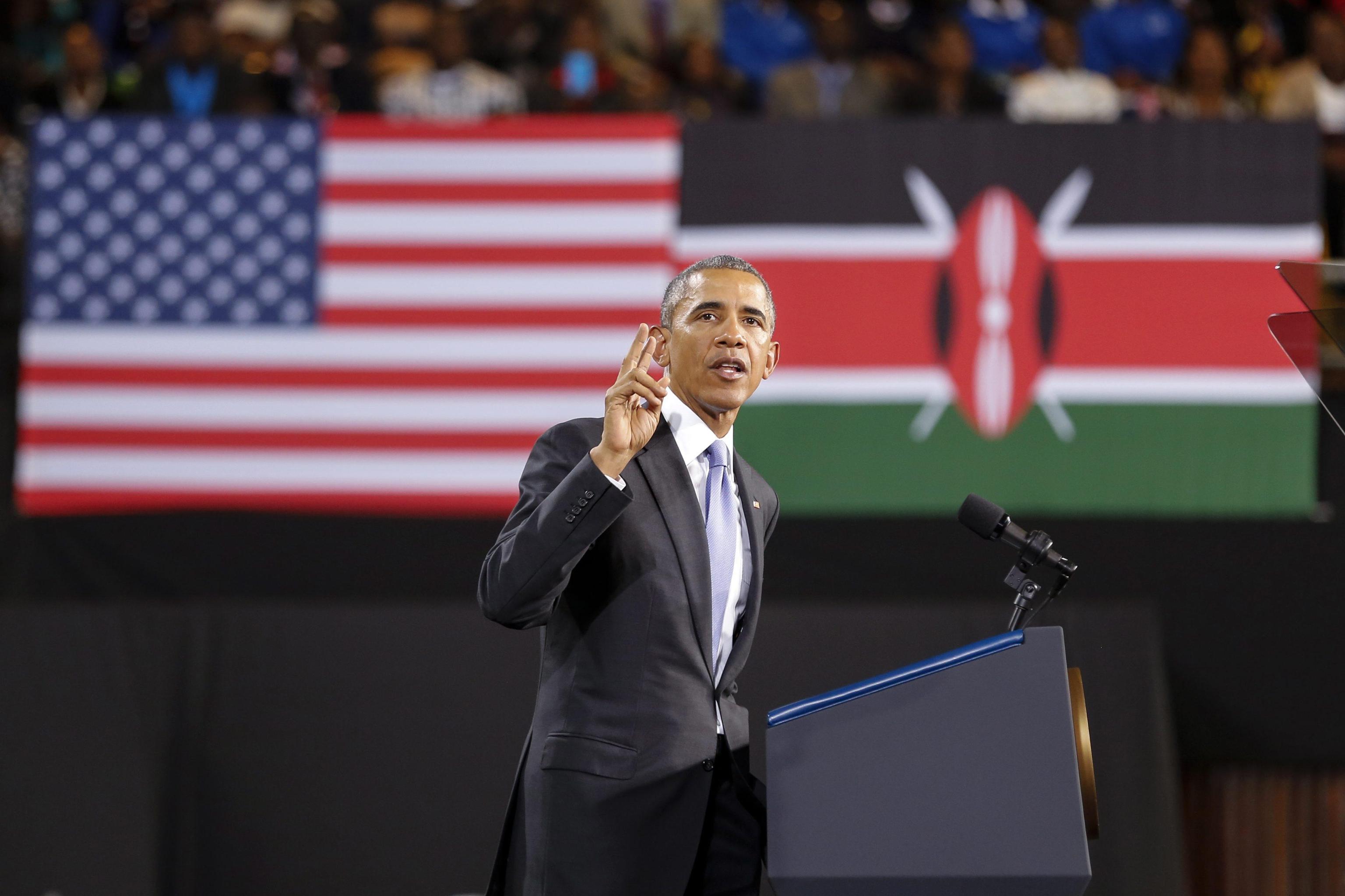 US President Barack Obama gestures as he delivers a speech at Moi International Sports Complex in Nairobi