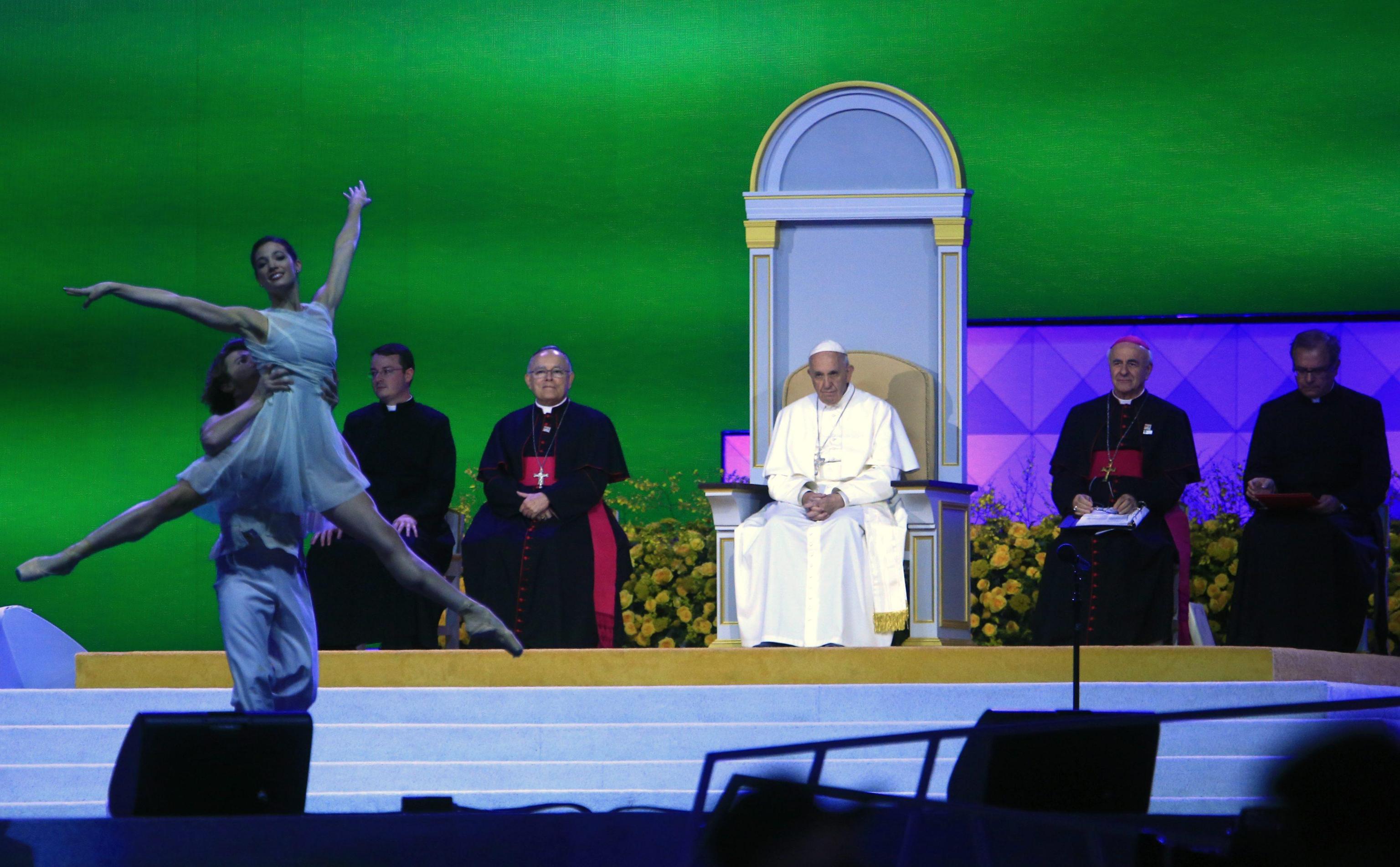 Pope Francis watches a performance as he attends the Festival of Families in Philadelphia