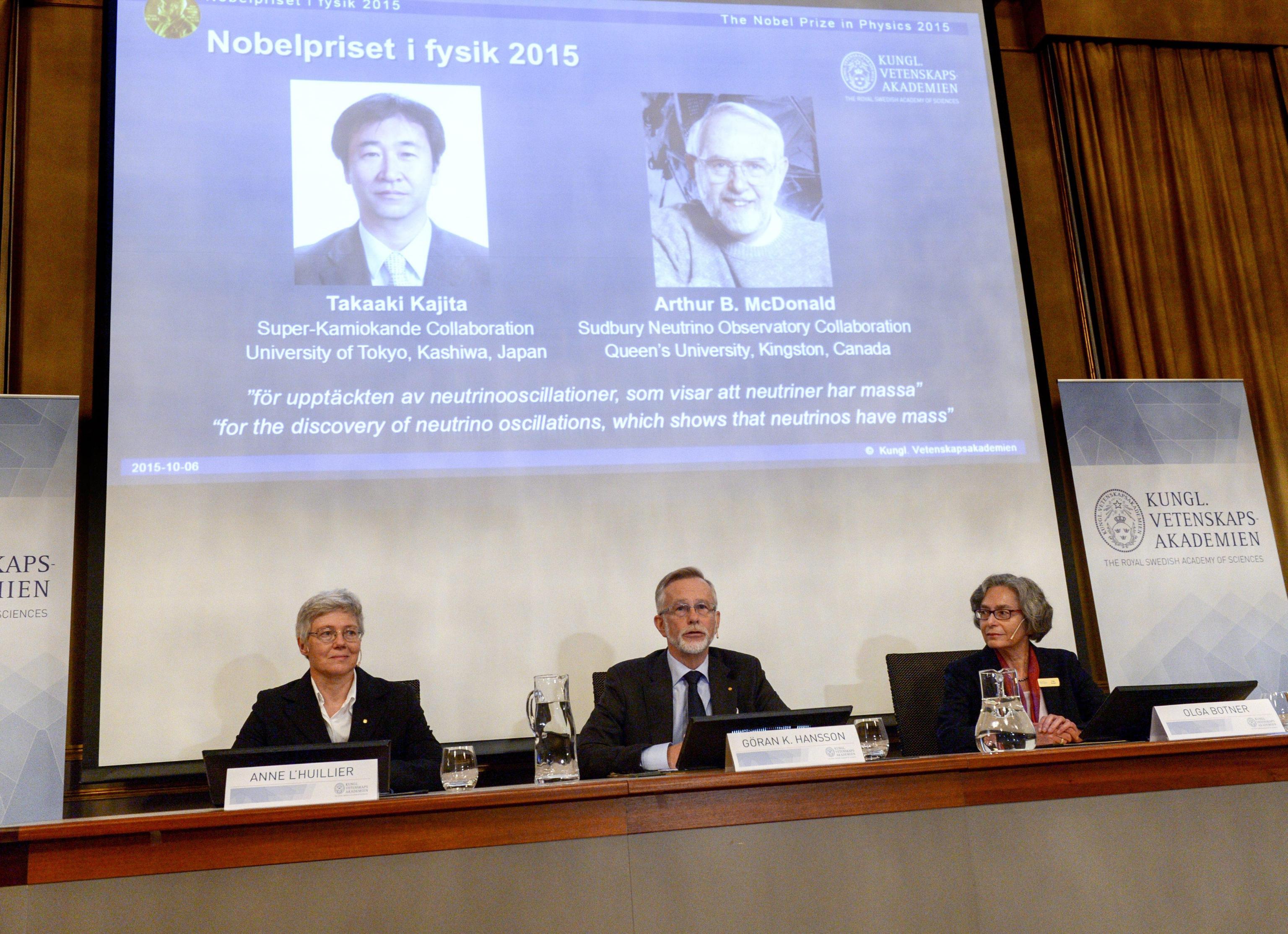 The Nobel judges awarded the Nobel physics prize jointly to Takaaki Kajita of Japan and Arthur B McDonald of Canada 'for the discovery of neutrino oscillations'