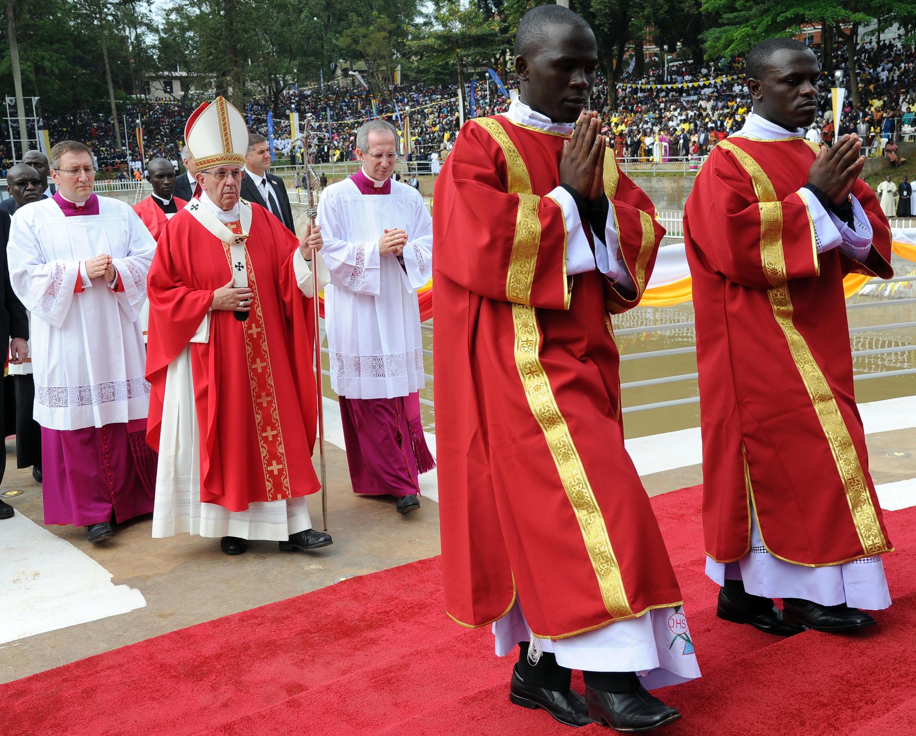 Pope Francis celebrates a Mass for the martyrs of Uganda near the Catholic shrine of Namugongo in Kampala