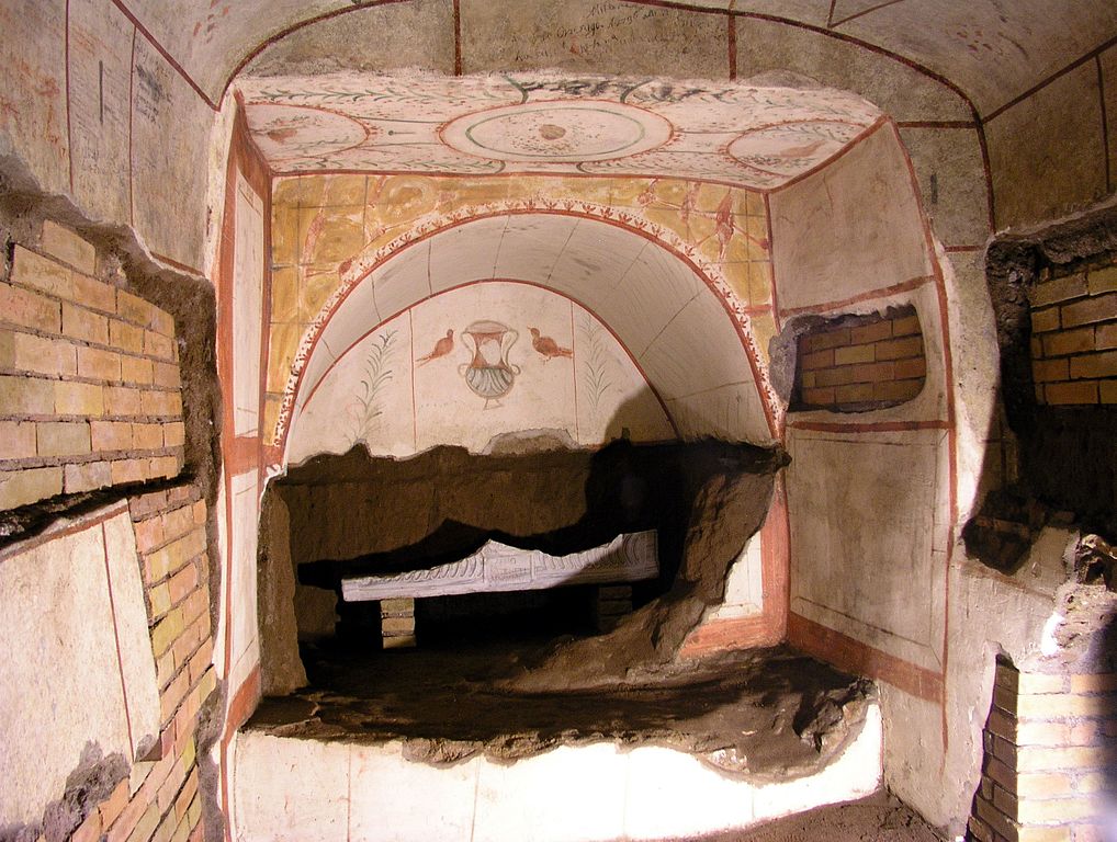 Decorated burial niches or "loculi" in the Catacombs of Domitilla