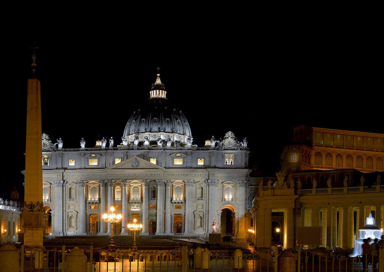 The Basilica of St. Peter and the obelisk at night