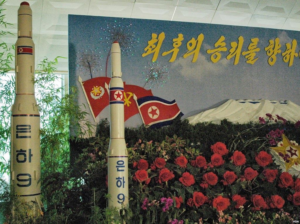 A model of the "Unha-9" missile on display at a floral exhibition in Pyongyang