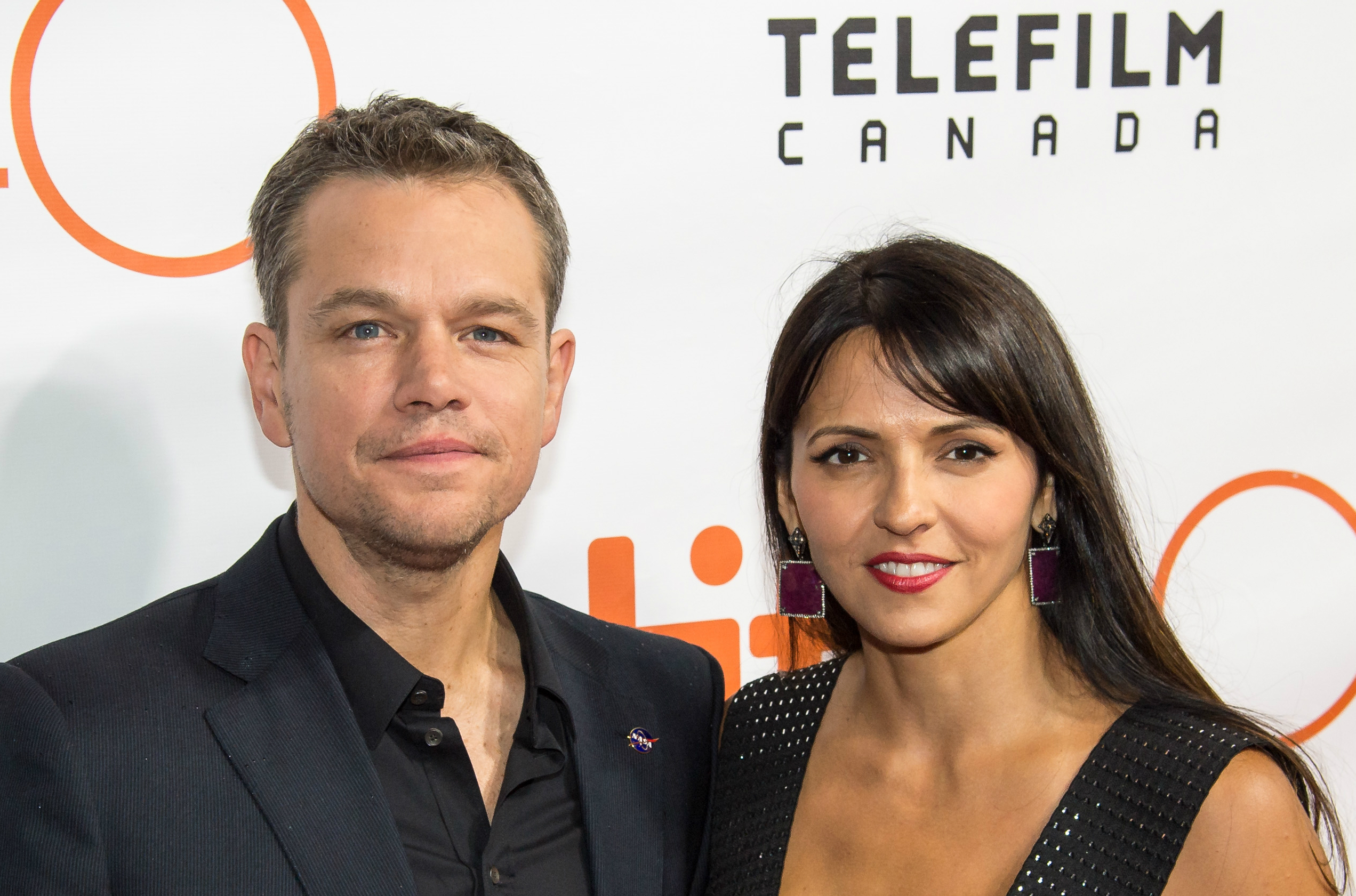 Actor Matt Damon and his wife Luciana Bozán Barroso attend the world premiere for "The Martian”