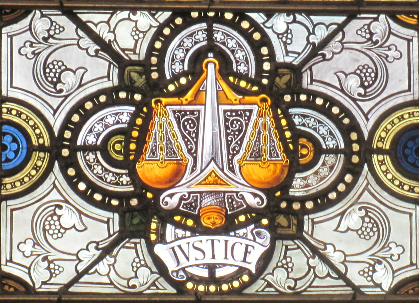 Stained glass window in the Parish Hall of Saint Ouen